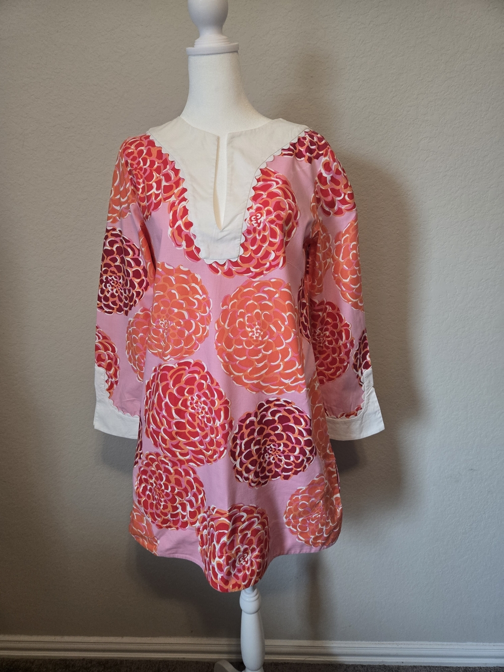 Lesley Evers Pink Orange Floral Cotton Shift Dress Scalloped Trim Long Sleeve XS